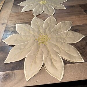 Bella Luxe Ivory Linen Poinsettia Christmas Table Runner  50x17 Gold Embroidered